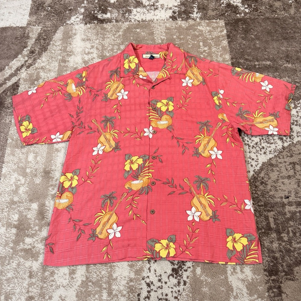 Tommy Bahama Silk Hawaiian Shirt Mens Large Floral Short Sleeve‎ Coconut Button